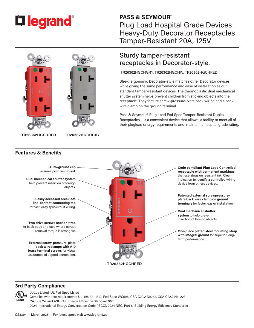 Legrand EWS-PS-CS3394 Hospital Grade PlugLoad Decorator Devices TR23 cut sheet — first page