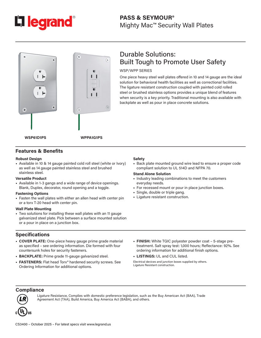 Legrand EWS-PS-CS3400-Kenall Wall Plates-Mighty-Mac cut sheet — first page