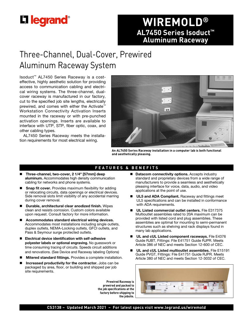 Legrand EWS-WM-CS-AL7450Raceway-032421 cut sheet — first page