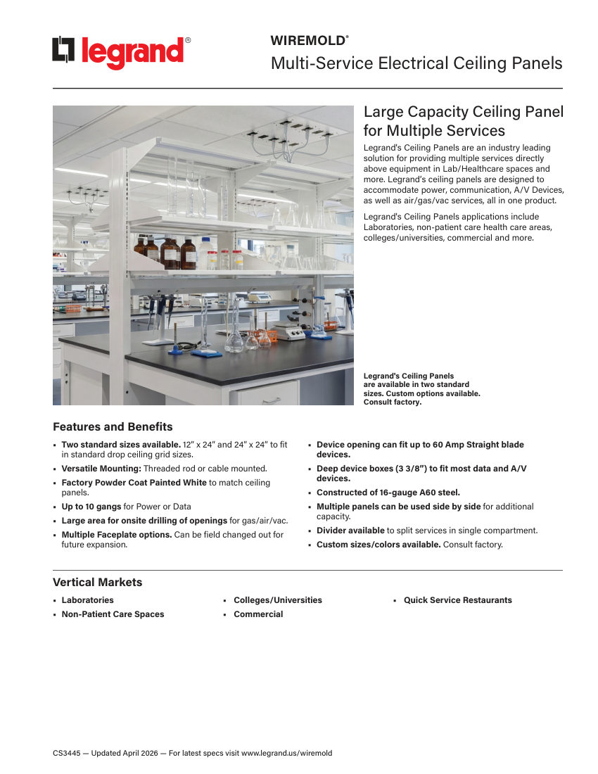 Legrand EWS-WM-CS-Electrical-Ceiling-Panel-CS3445 cut sheet — first page