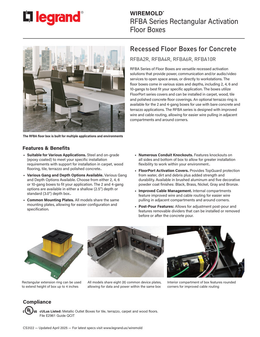 Legrand EWS-WM-CS-RFBARectangularFloorBox+BAACutSheet-3122 cut sheet — first page