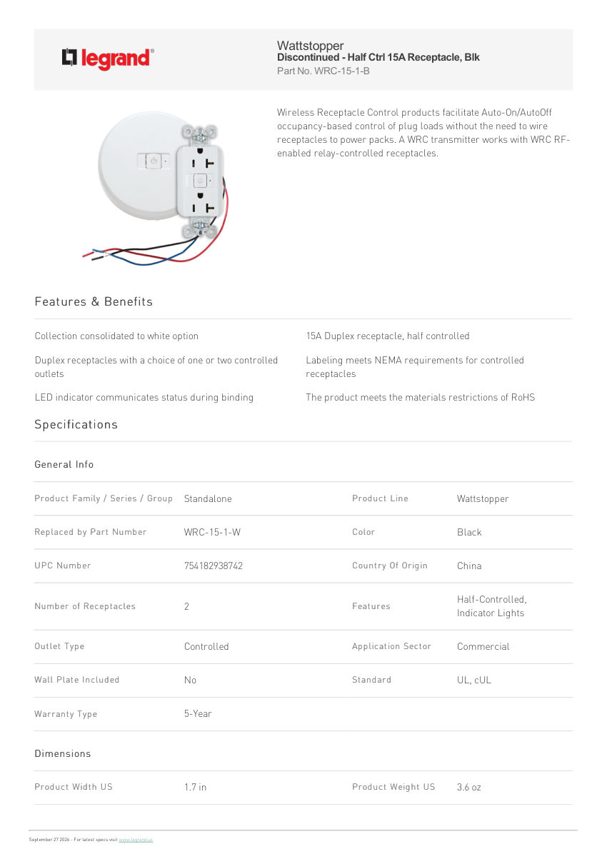 Legrand Half Ctrl 15A Receptacle Blk cut sheet — first page