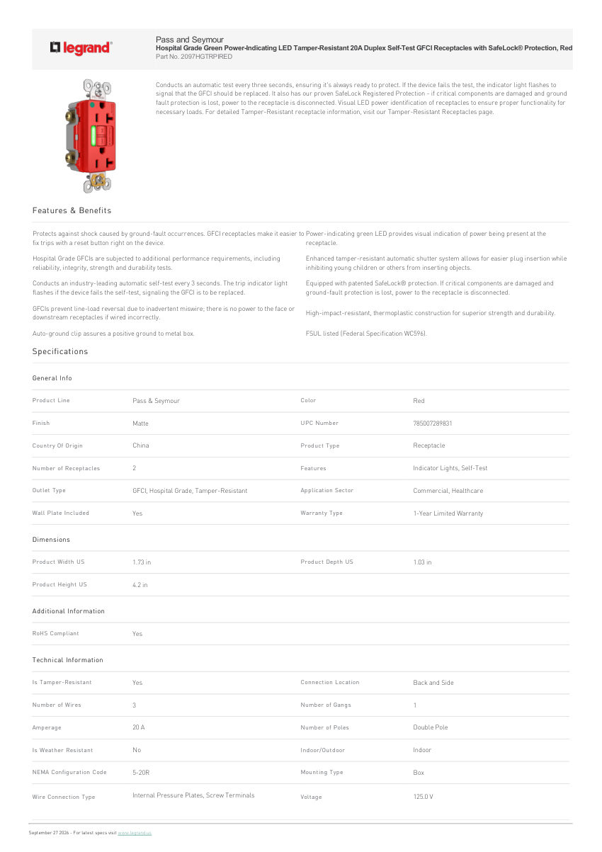 Legrand Hospital Grade Green Power Indicating Led Tamper Resistant 2 cut sheet — first page