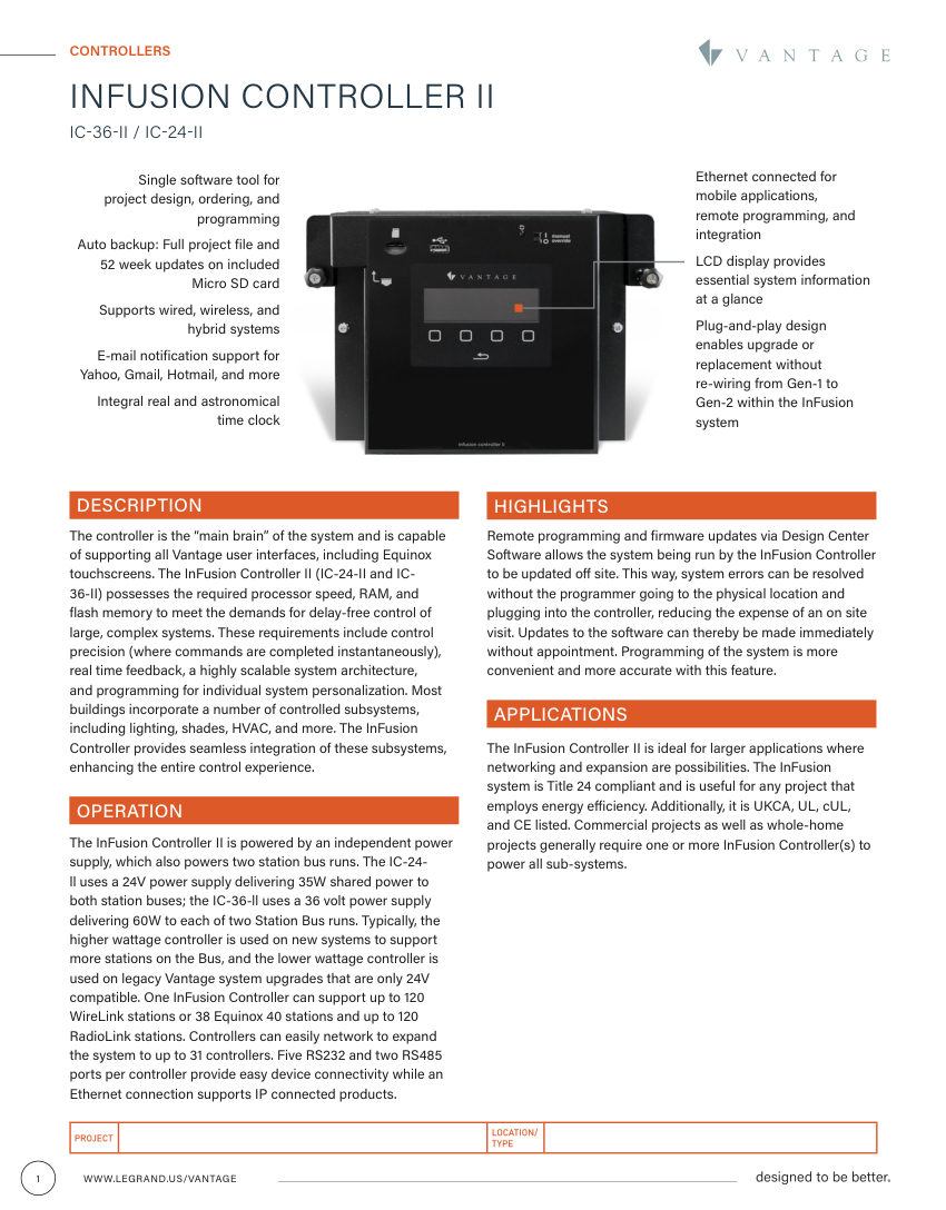 Legrand IC-36-II_InFusionController_1308306 cut sheet — first page