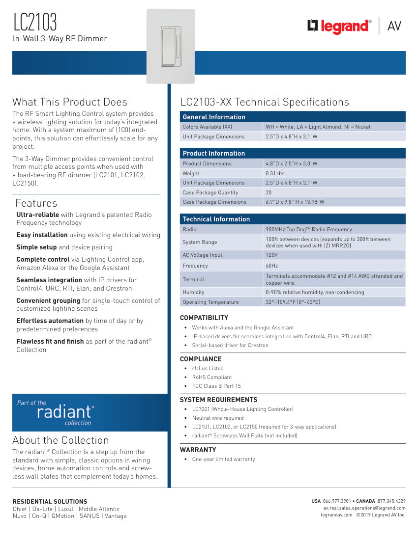 Legrand LC2103Cutsheet cut sheet — first page