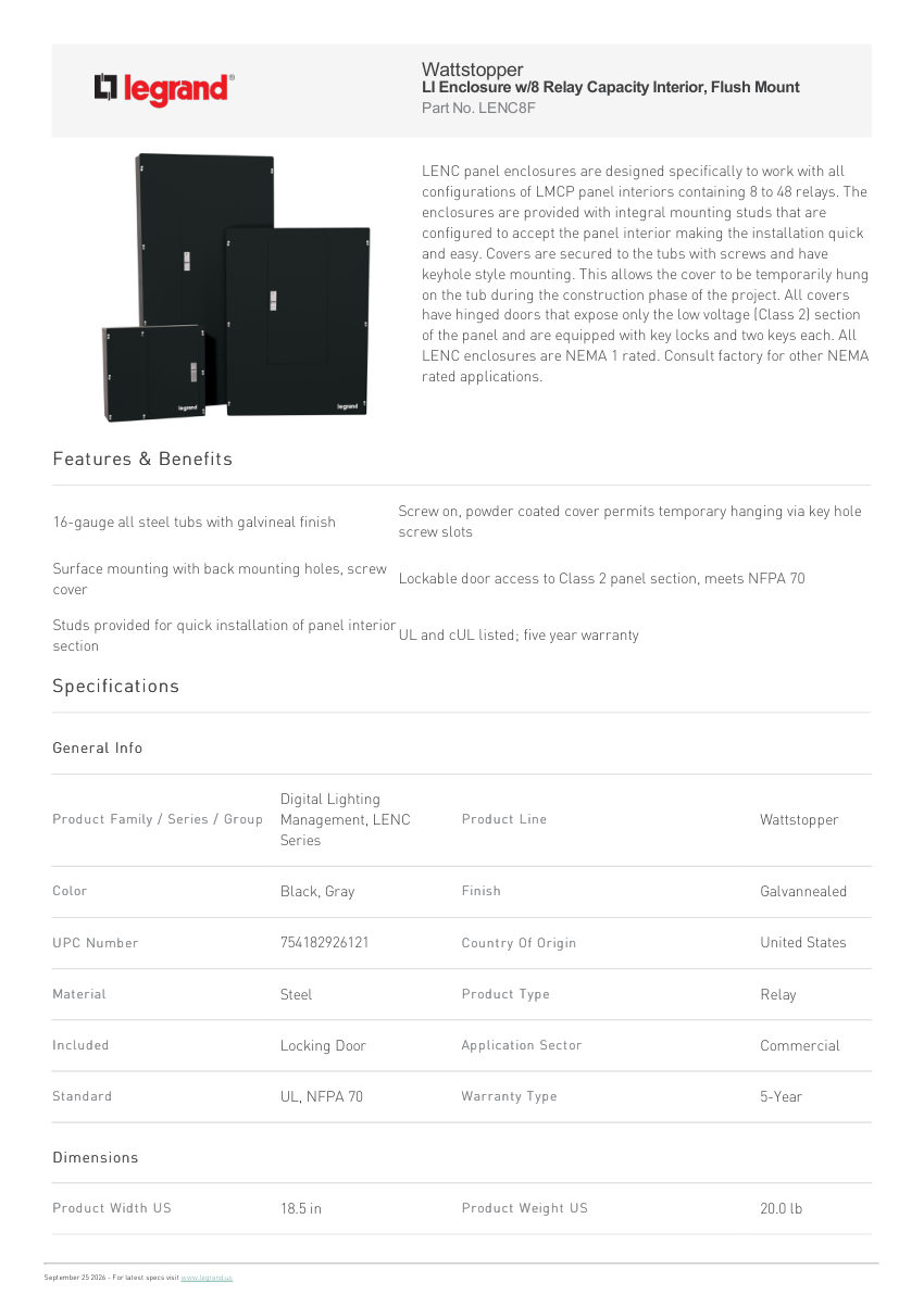 Legrand Li Enclosure W 8 Relay Capacity Interior Flush Mount cut sheet — first page