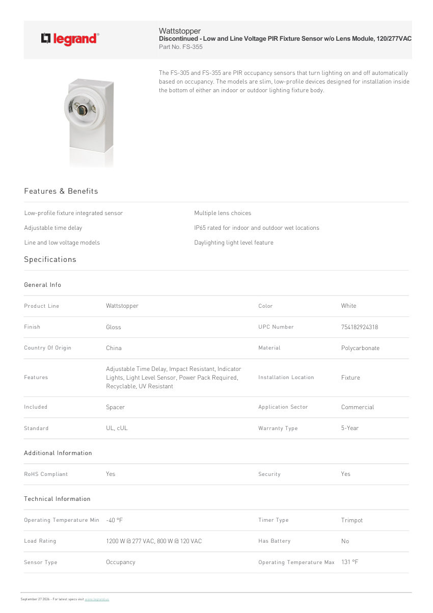 Legrand Low And Line Voltage Pir Fixture Sensor W O Lens Module 120 cut sheet — first page