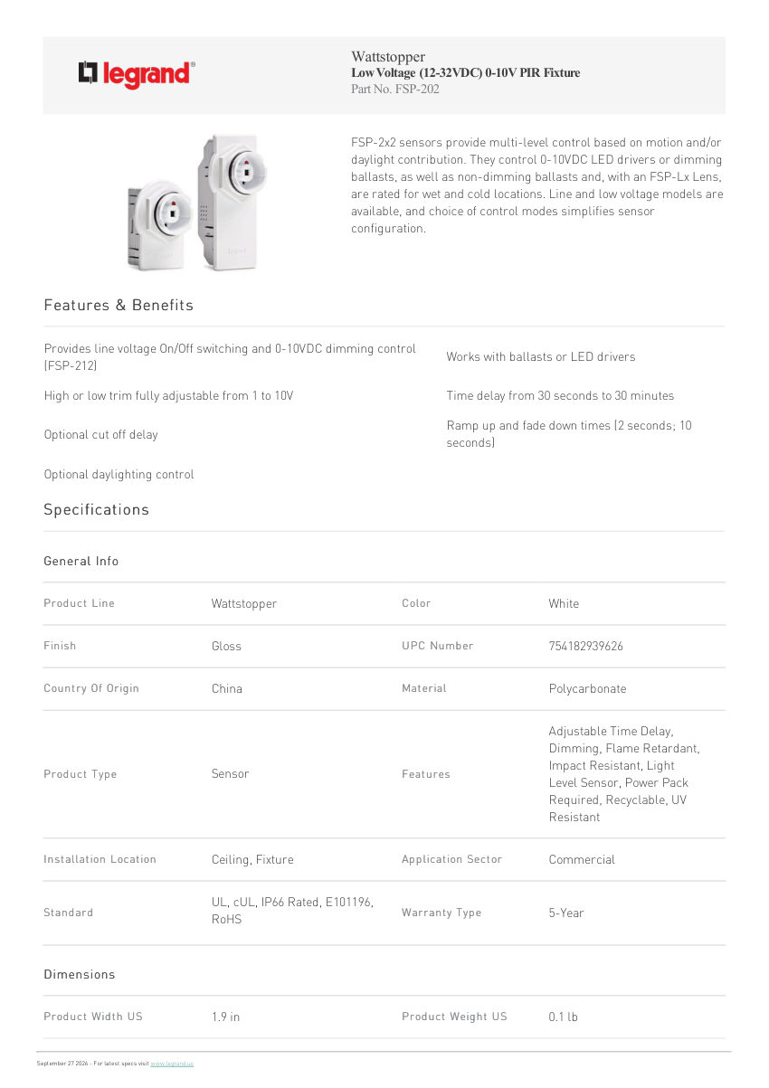 Legrand Low Voltage 12 32Vdc 0 10V Pir Fixture cut sheet — first page