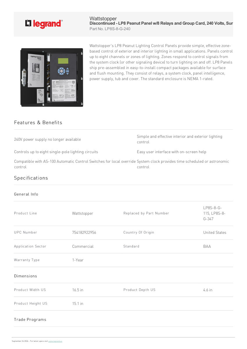 Legrand Lp8 Peanut Panel W 8 Relays And Group Card 240 Volts Sur cut sheet — first page