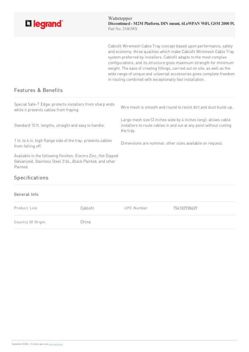 Legrand M2M Platform Din Mount 6Lowpan Wifi Gsm 2000 Pt cut sheet — first page