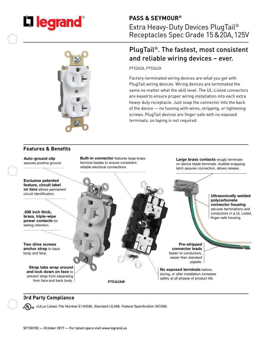 Legrand PT5262A cut sheet — first page