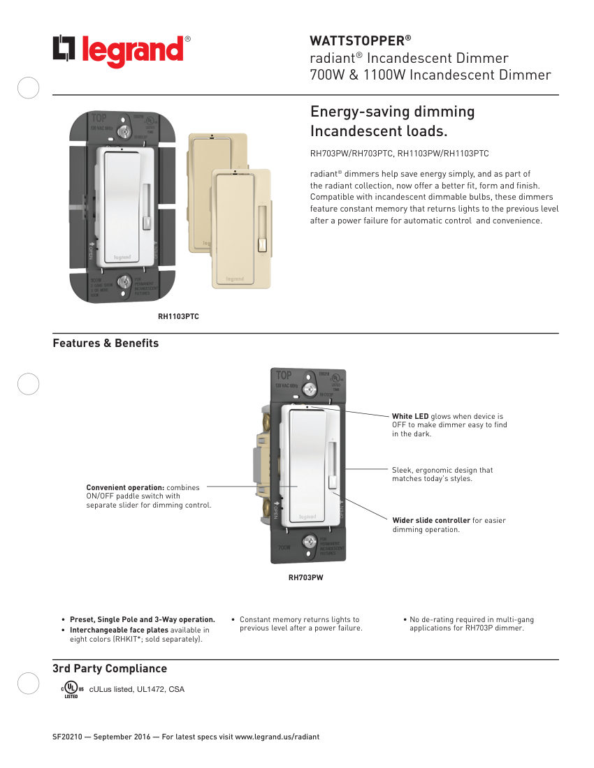 Legrand RH703PTC cut sheet — first page