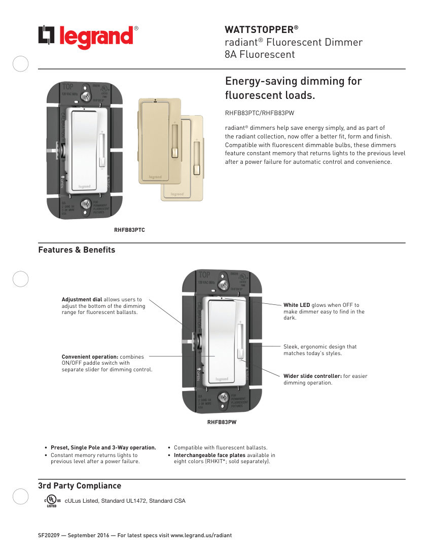 Legrand RHFB83P cut sheet — first page
