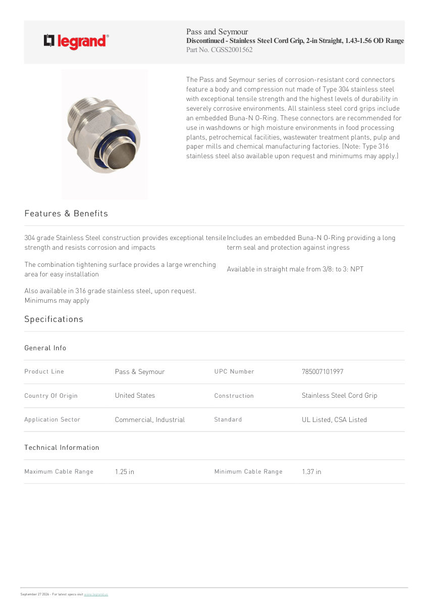 Legrand Stainless Steel Cord Grip 2 In Straight 1 43 1 56 Od Range cut sheet — first page