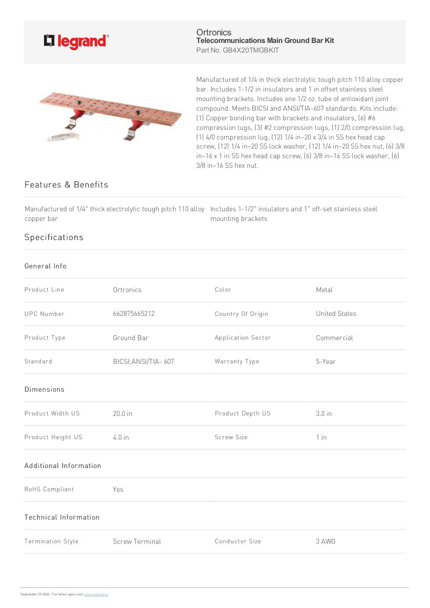 Legrand Telecommunications Main Ground Bar Kit cut sheet — first page