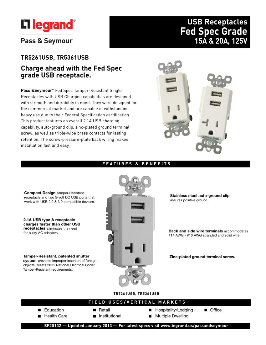 Legrand TR5261USBW cut sheet — first page
