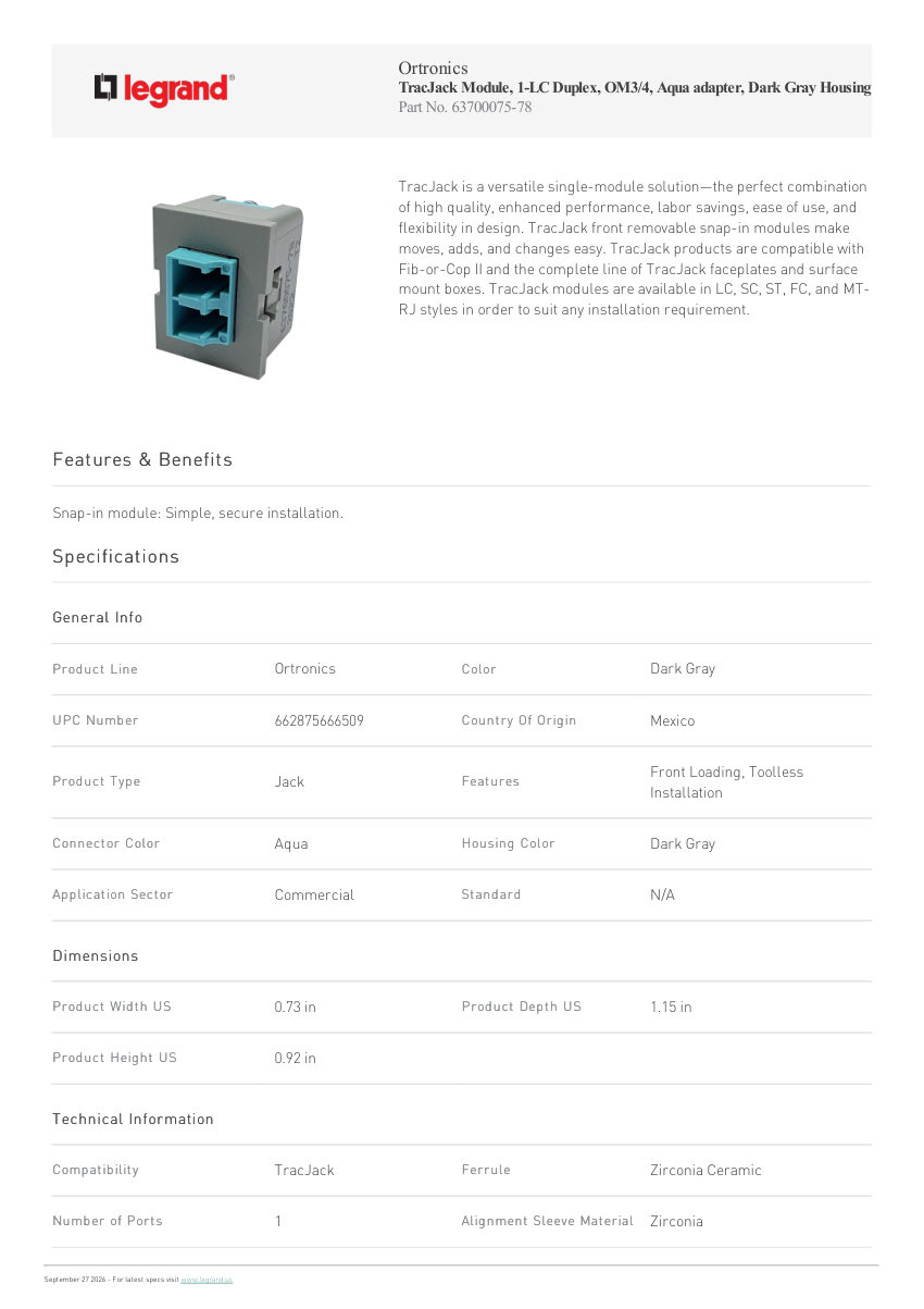 Legrand Tracjack Module 1 Lc Duplex Om3 4 Aqua Adapter Dark Gray Hou cut sheet — first page