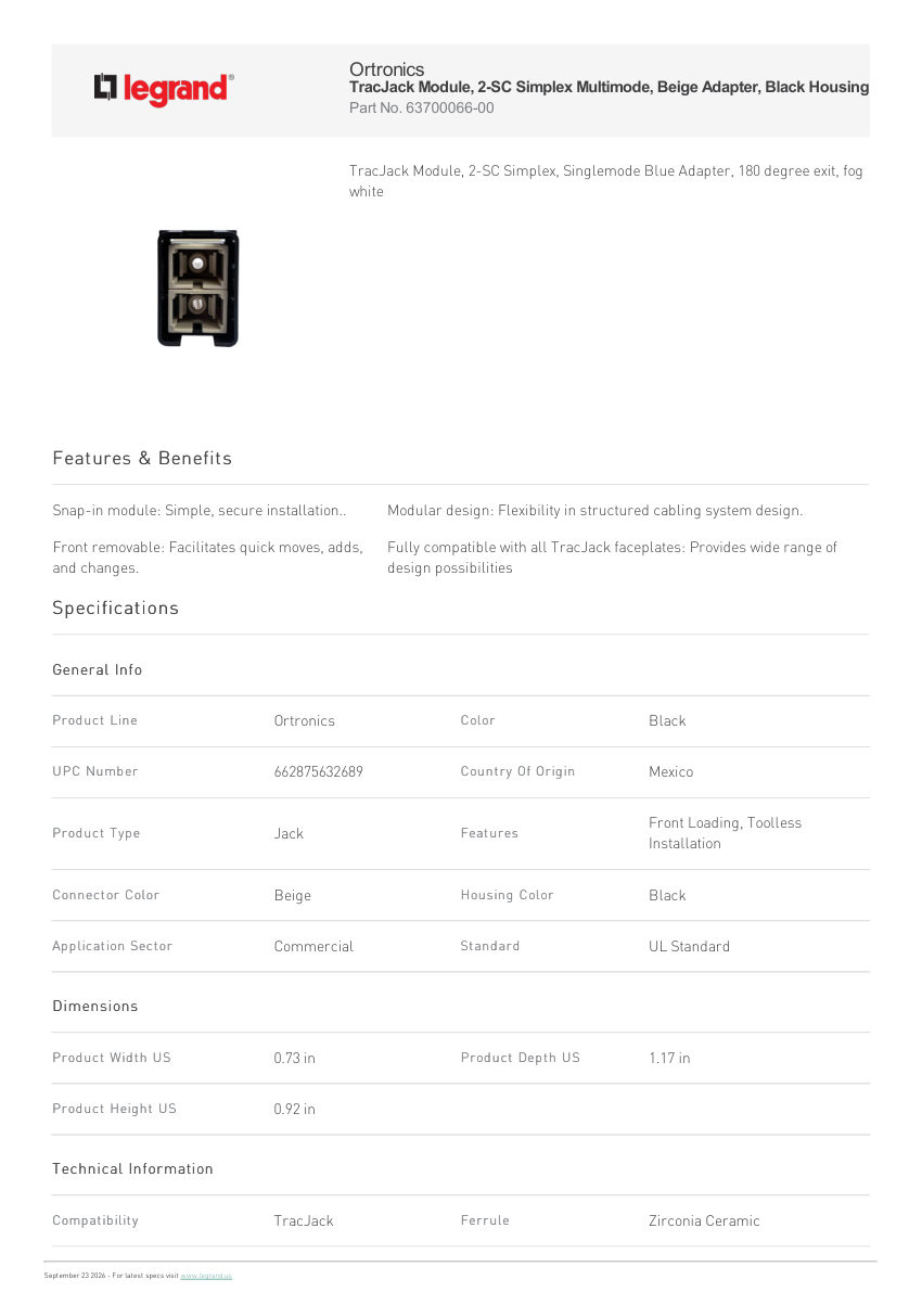 Legrand Tracjack Module 2 Sc Simplex Multimode Beige Adapter Black H cut sheet — first page