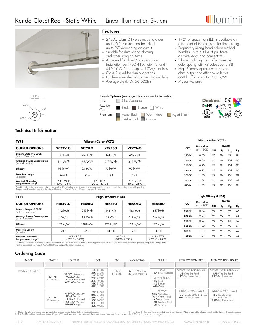Luminii LUMINII-KENDO-CLOSET-ROD cut sheet — first page