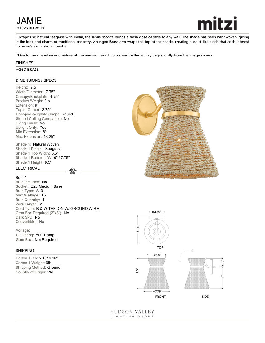 Mitzi H1023101-AGB cut sheet — first page