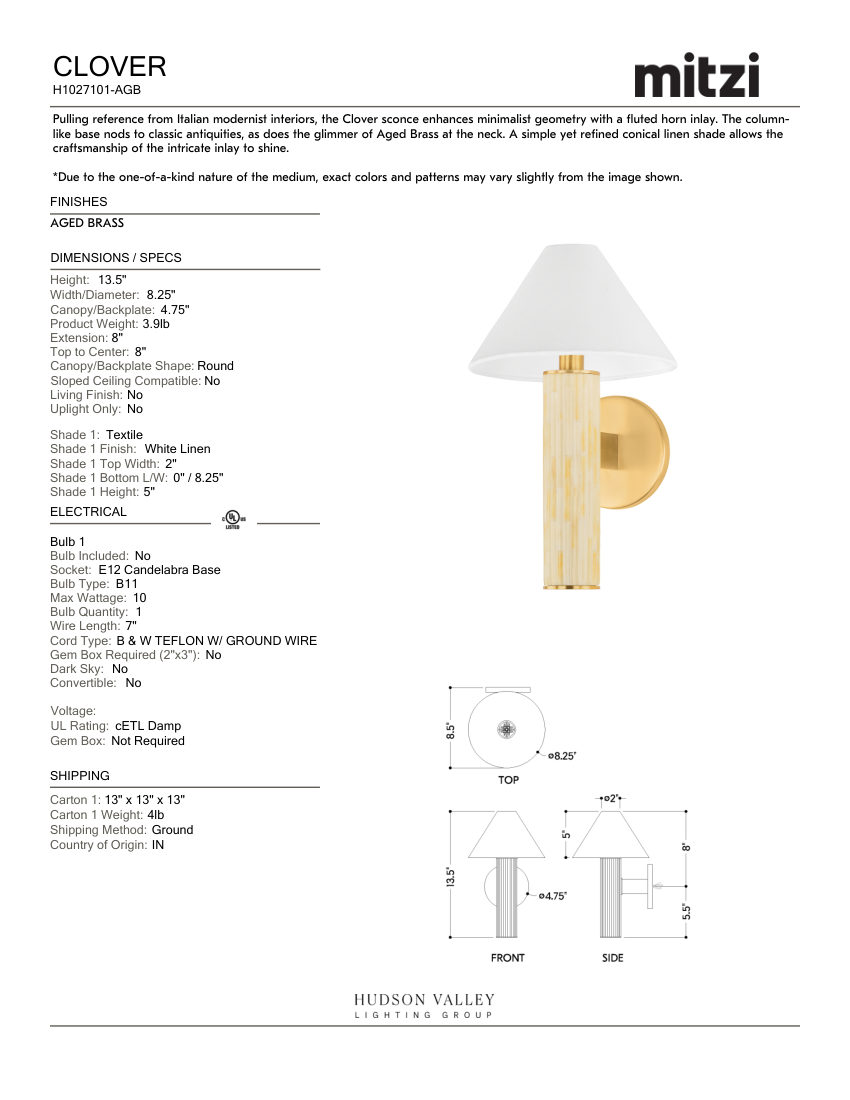 Mitzi H1027101-AGB cut sheet — first page