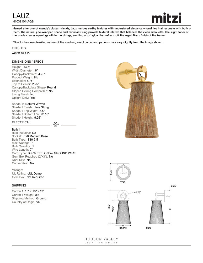 Mitzi H1038101-AGB cut sheet — first page