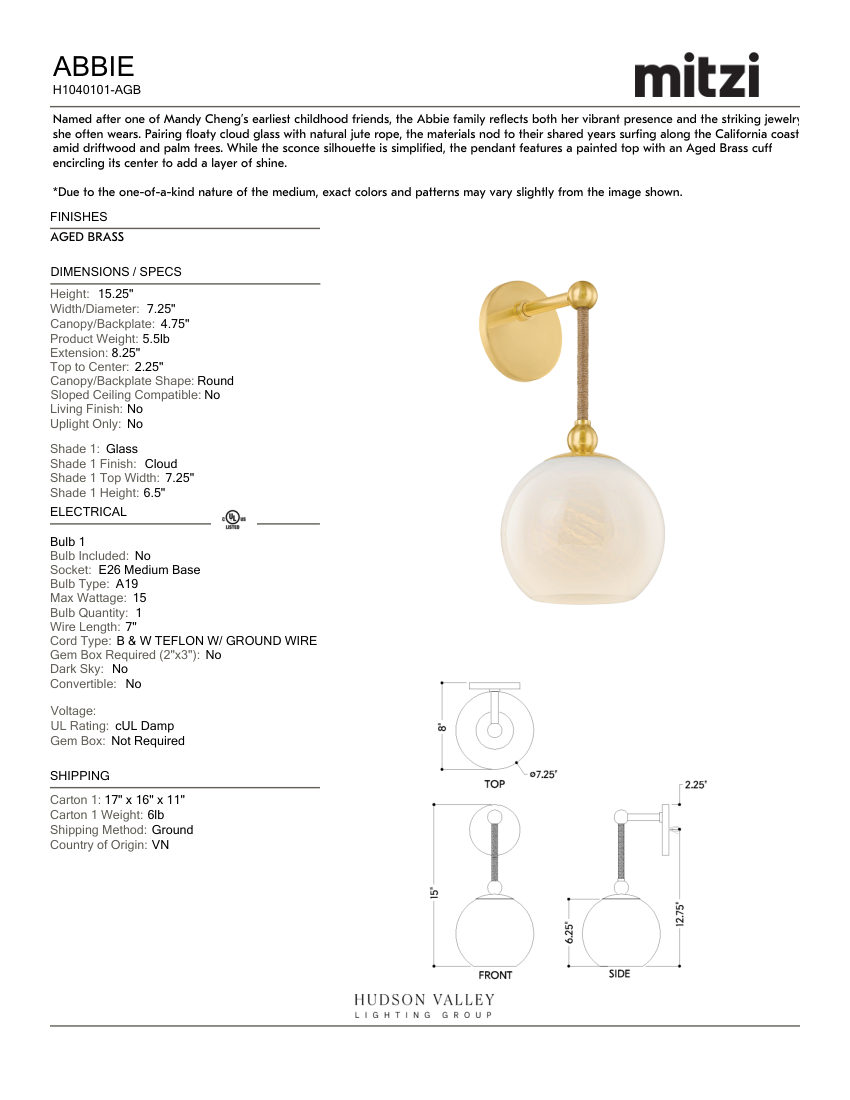 Mitzi H1040101-AGB cut sheet — first page