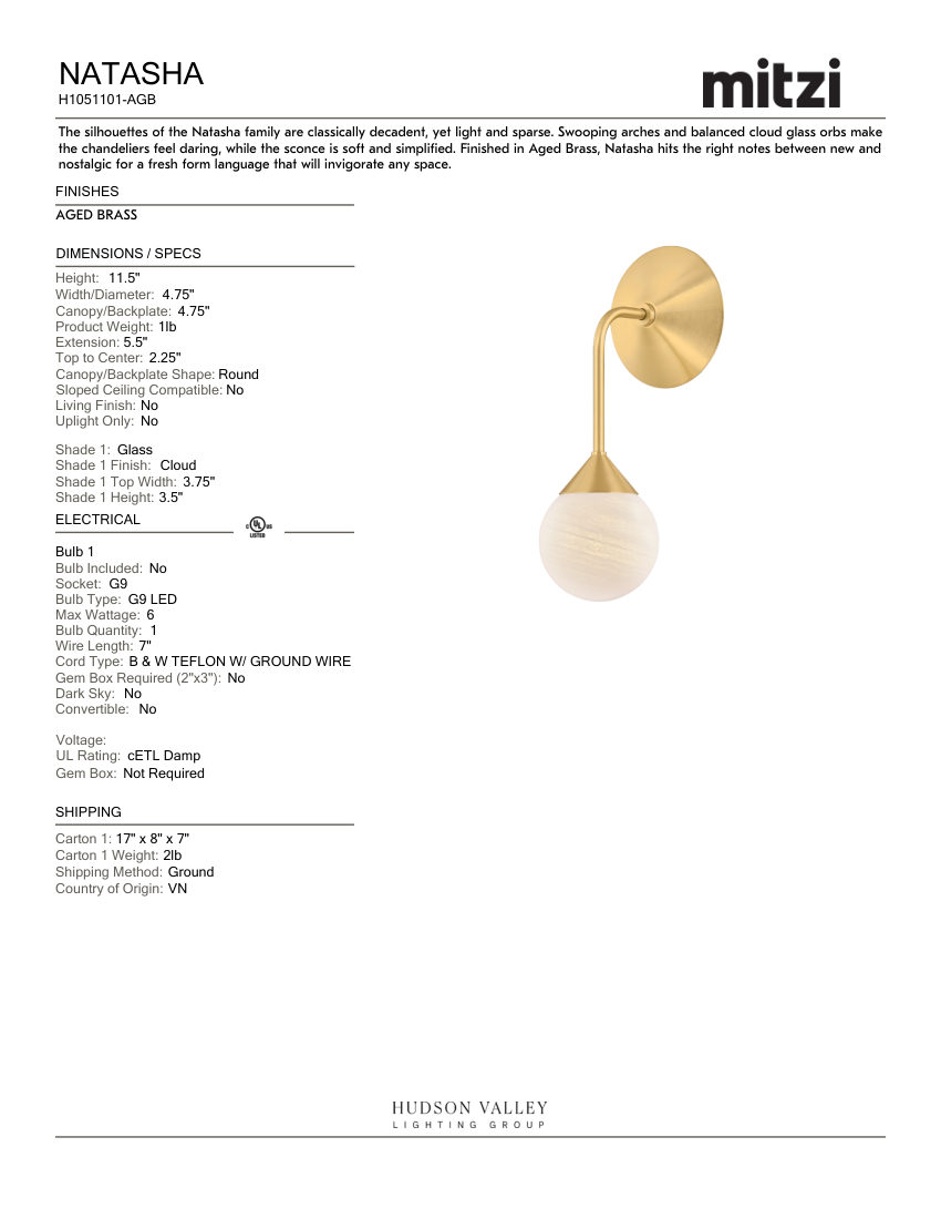 Mitzi H1051101-AGB cut sheet — first page