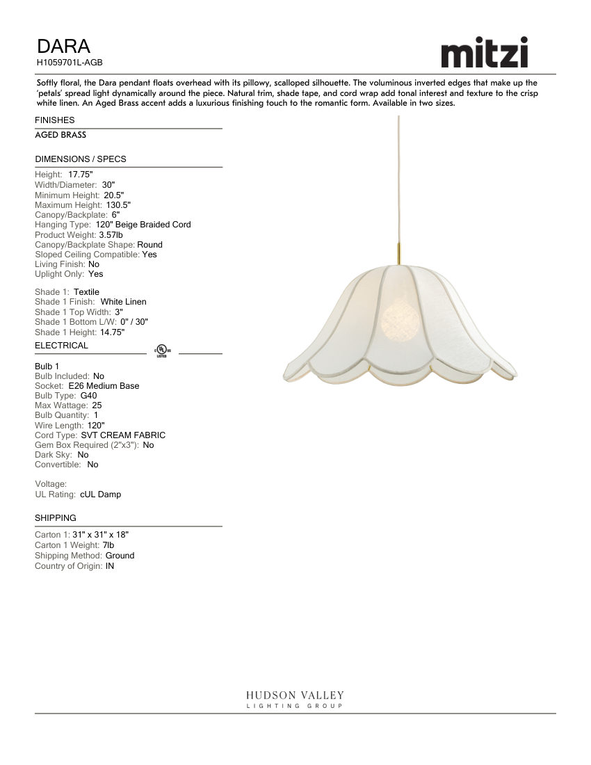 Mitzi H1059701L-AGB cut sheet — first page