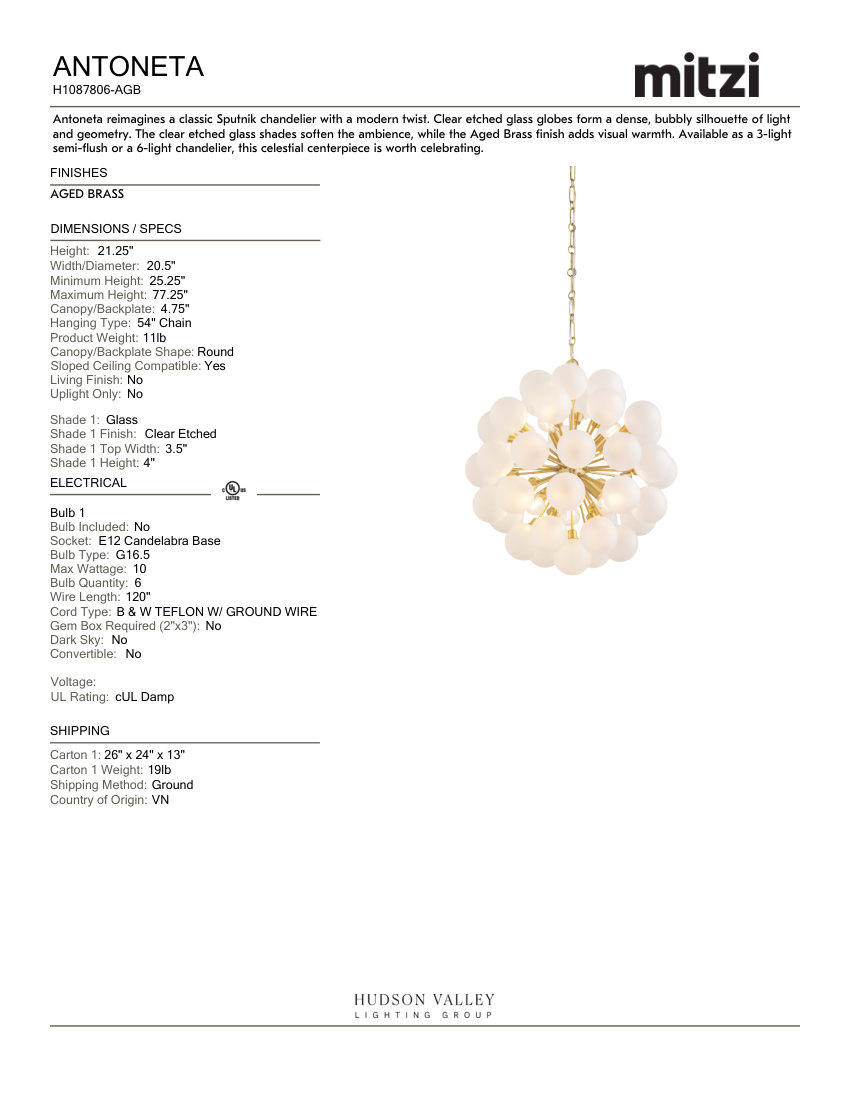 Mitzi H1087806-AGB cut sheet — first page