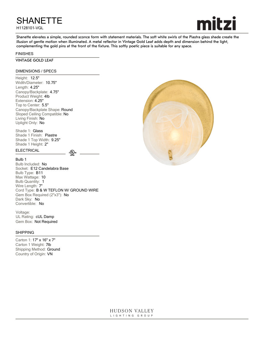 Mitzi H1128101-VGL cut sheet — first page