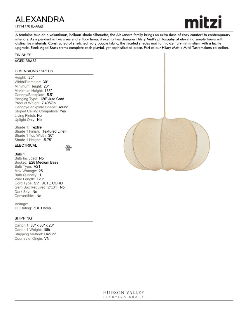 Mitzi H1147701L-AGB cut sheet — first page