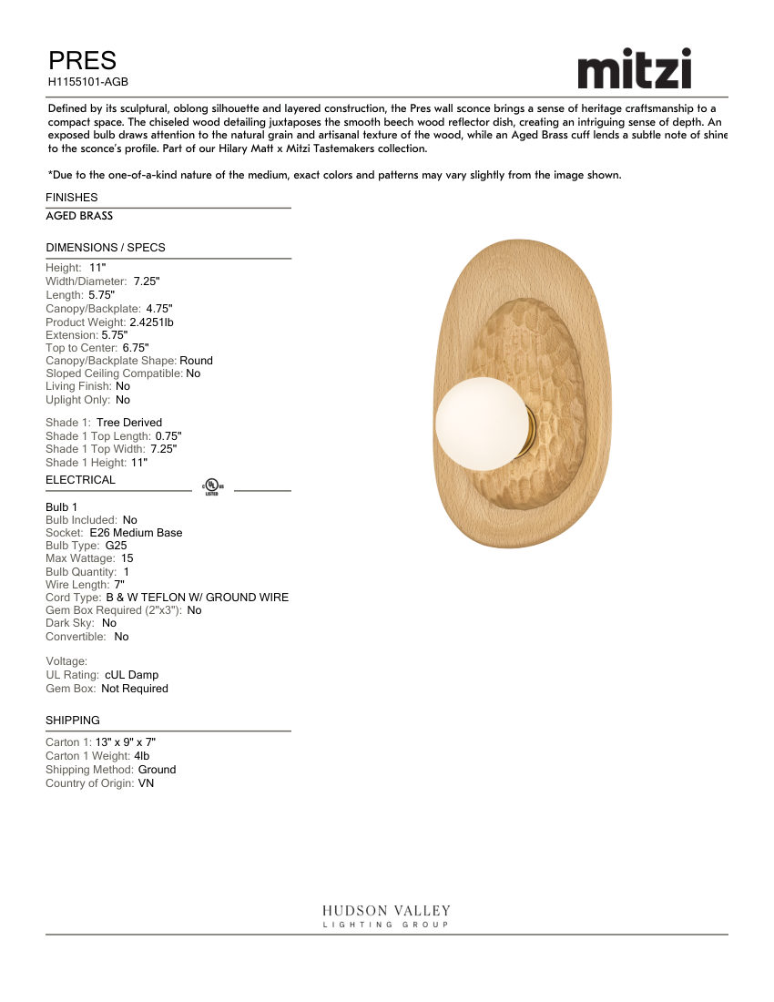Mitzi H1155101-AGB cut sheet — first page