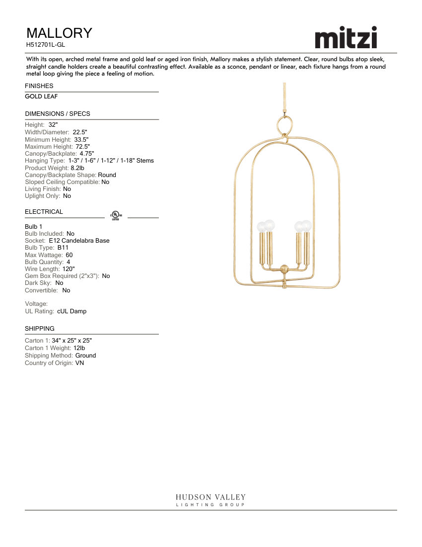 Mitzi H512701L-GL cut sheet — first page