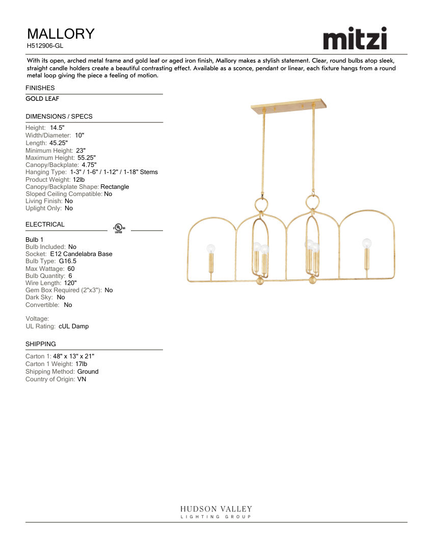 Mitzi H512906-GL cut sheet — first page