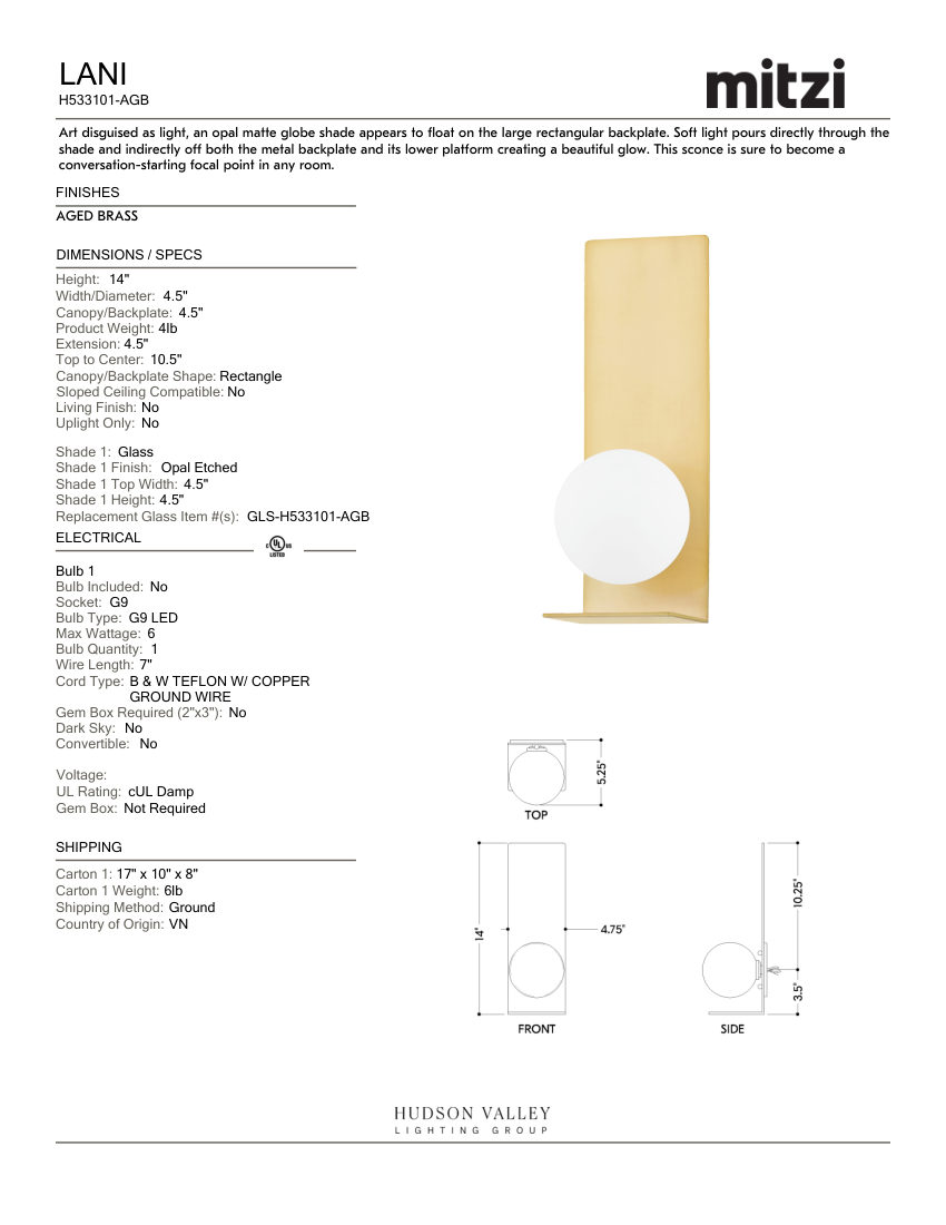 Mitzi H533101-AGB cut sheet — first page