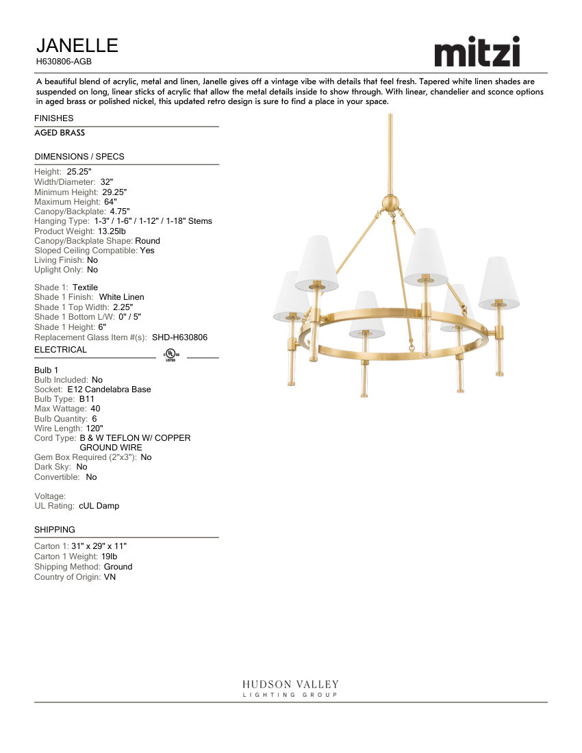 Mitzi H630806-AGB cut sheet — first page