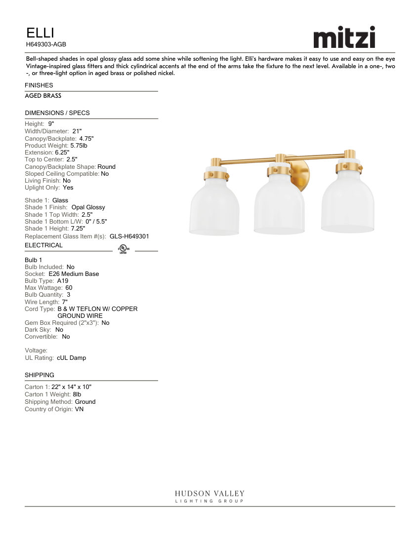 Mitzi H649303-AGB cut sheet — first page