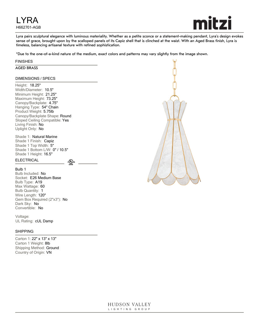Mitzi H662701-AGB cut sheet — first page
