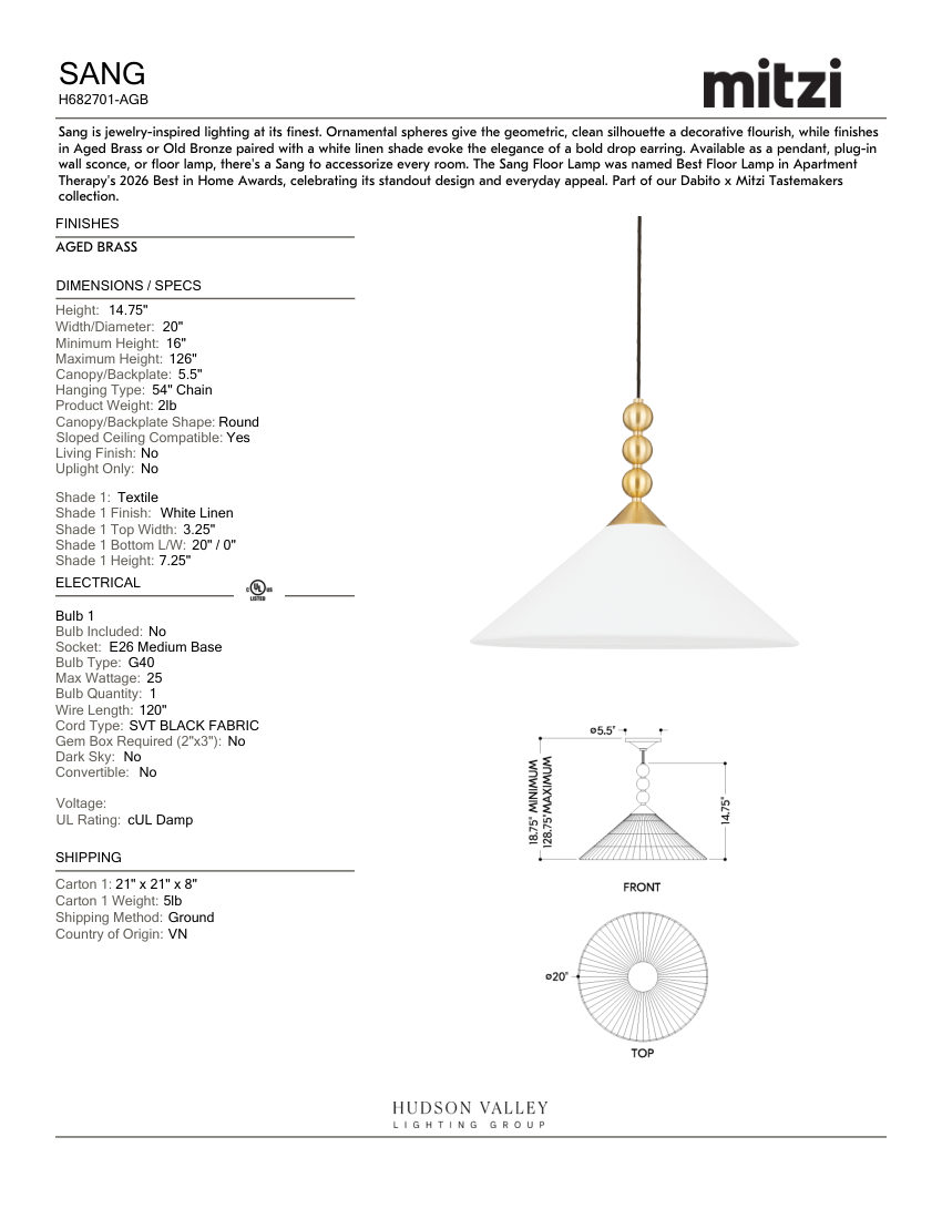 Mitzi H682701-AGB cut sheet — first page