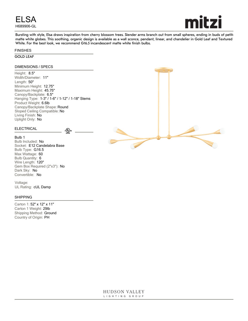 Mitzi H689906-GL cut sheet — first page