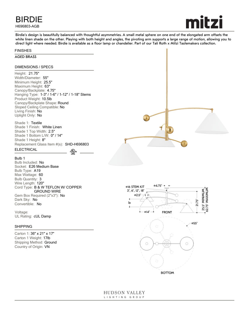 Mitzi H696803-AGB cut sheet — first page