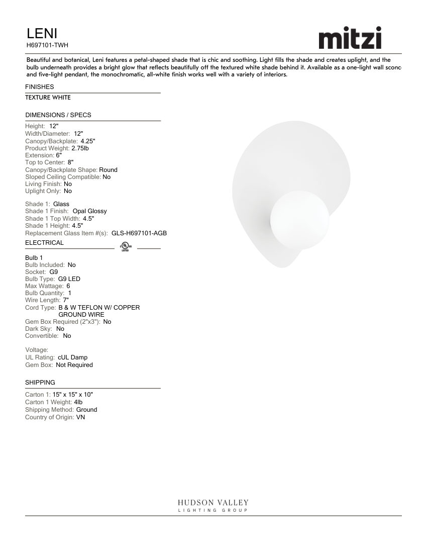 Mitzi H697101-TWH cut sheet — first page