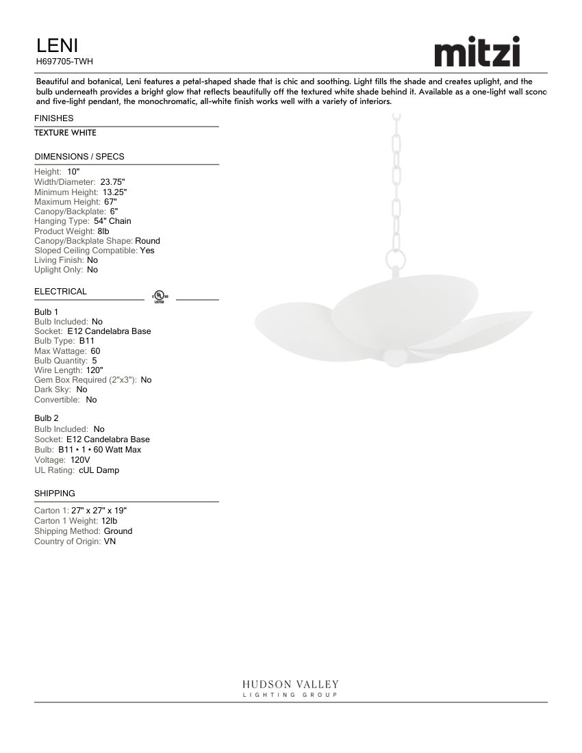 Mitzi H697705-TWH cut sheet — first page