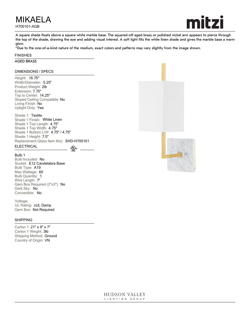 Mitzi H700101-AGB cut sheet — first page