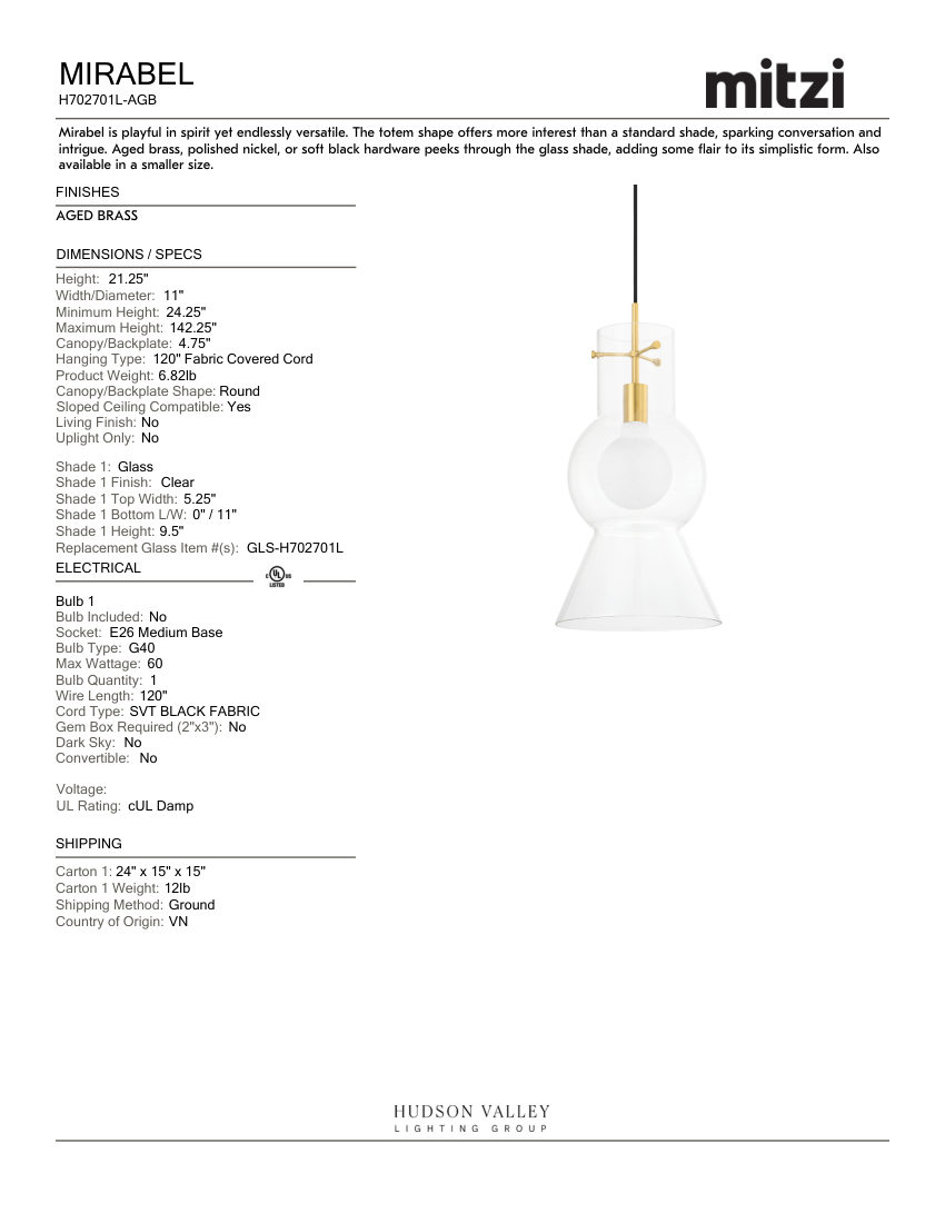 Mitzi H702701L-AGB cut sheet — first page