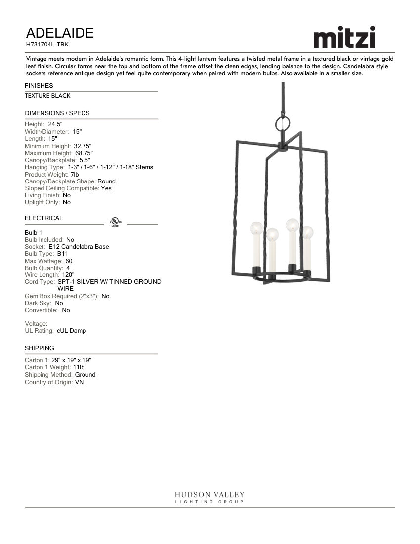 Mitzi H731704L-TBK cut sheet — first page