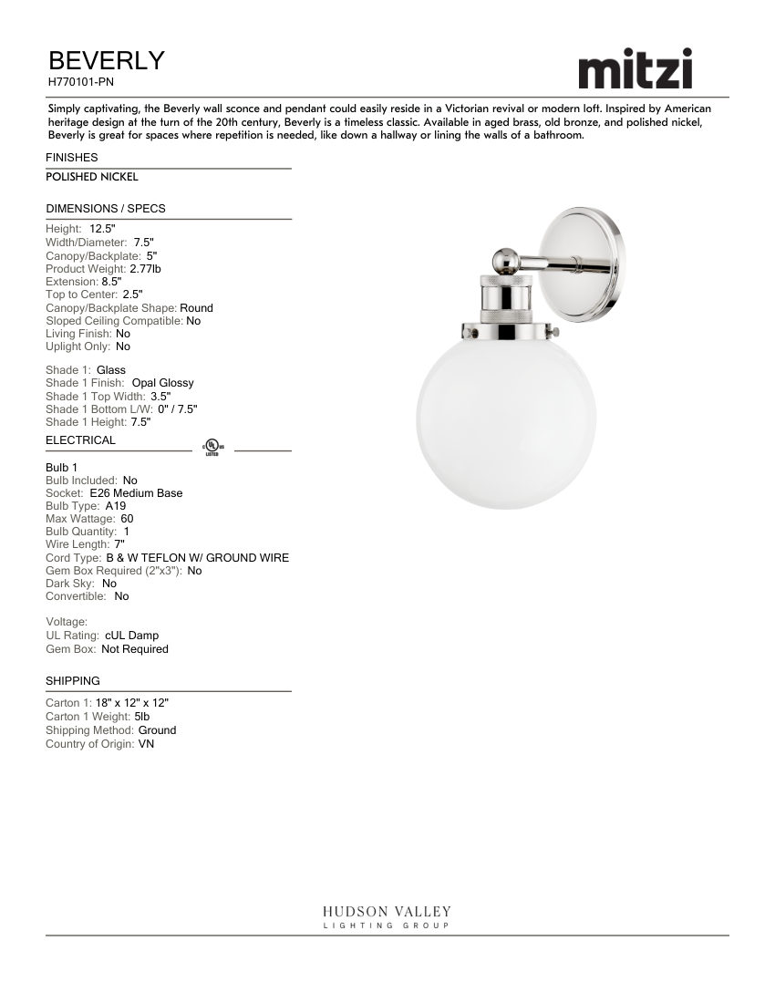 Mitzi H770101-PN cut sheet — first page