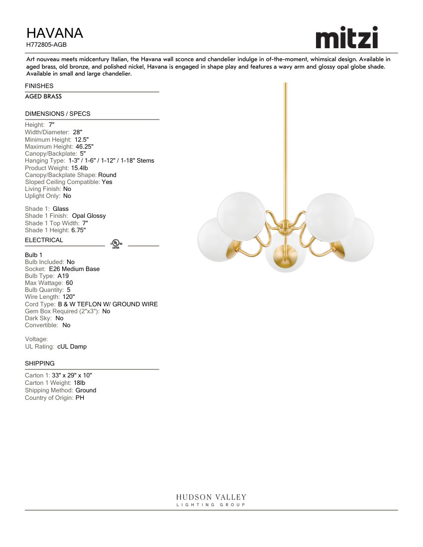Mitzi H772805-AGB cut sheet — first page