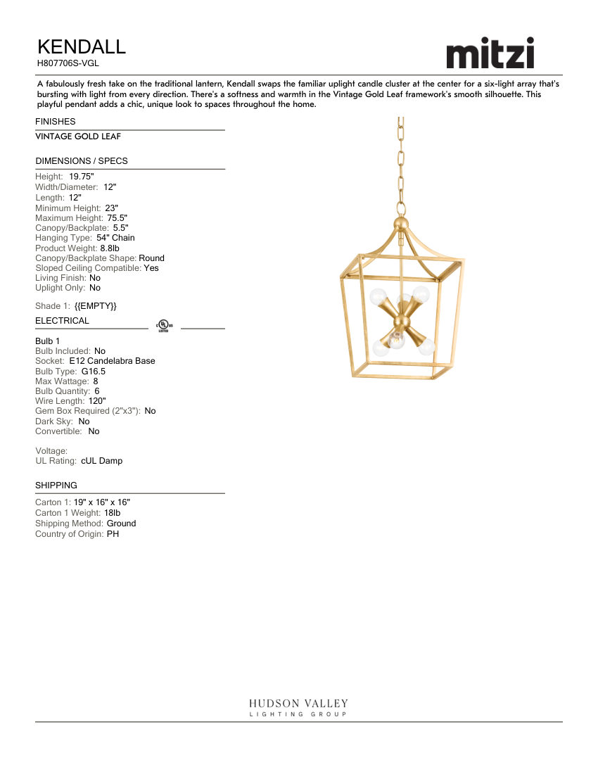 Mitzi H807706S-VGL cut sheet — first page